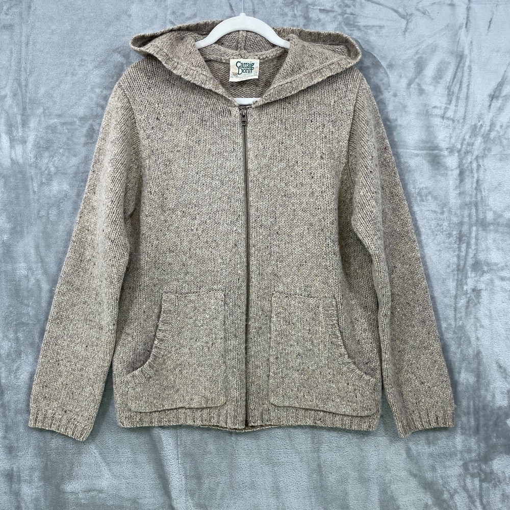 Carraig Donn Aran Sweater Small Full‑Zip Hoodie Wool/Silk Ireland Speckled Beige